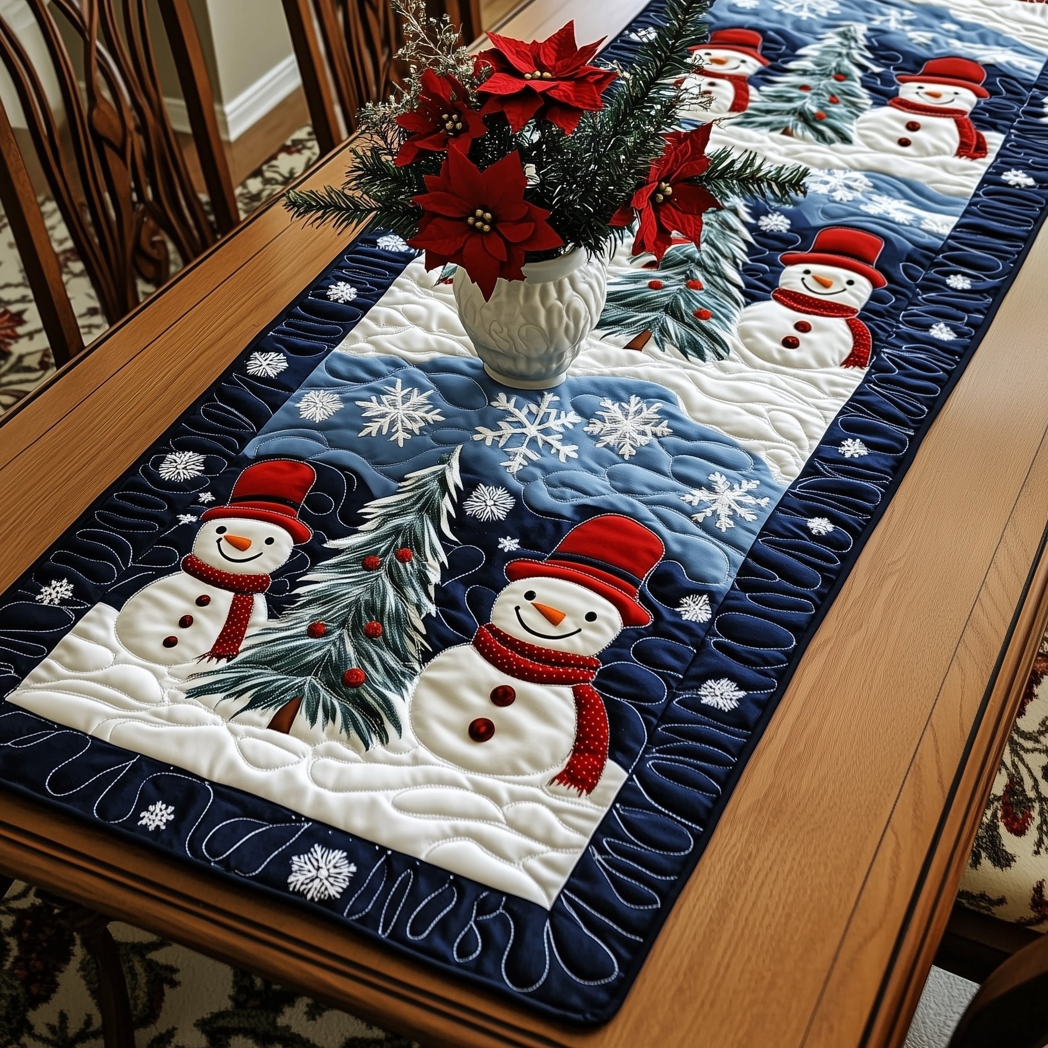 Snowmen in Red Hats on Blue Table Runner