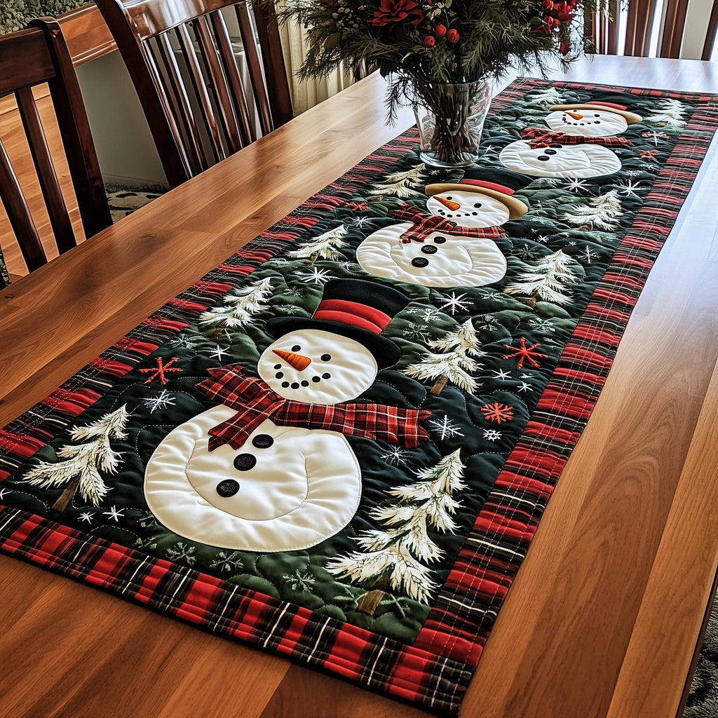 Snowman with Plaid Trim and Pines Table Runner
