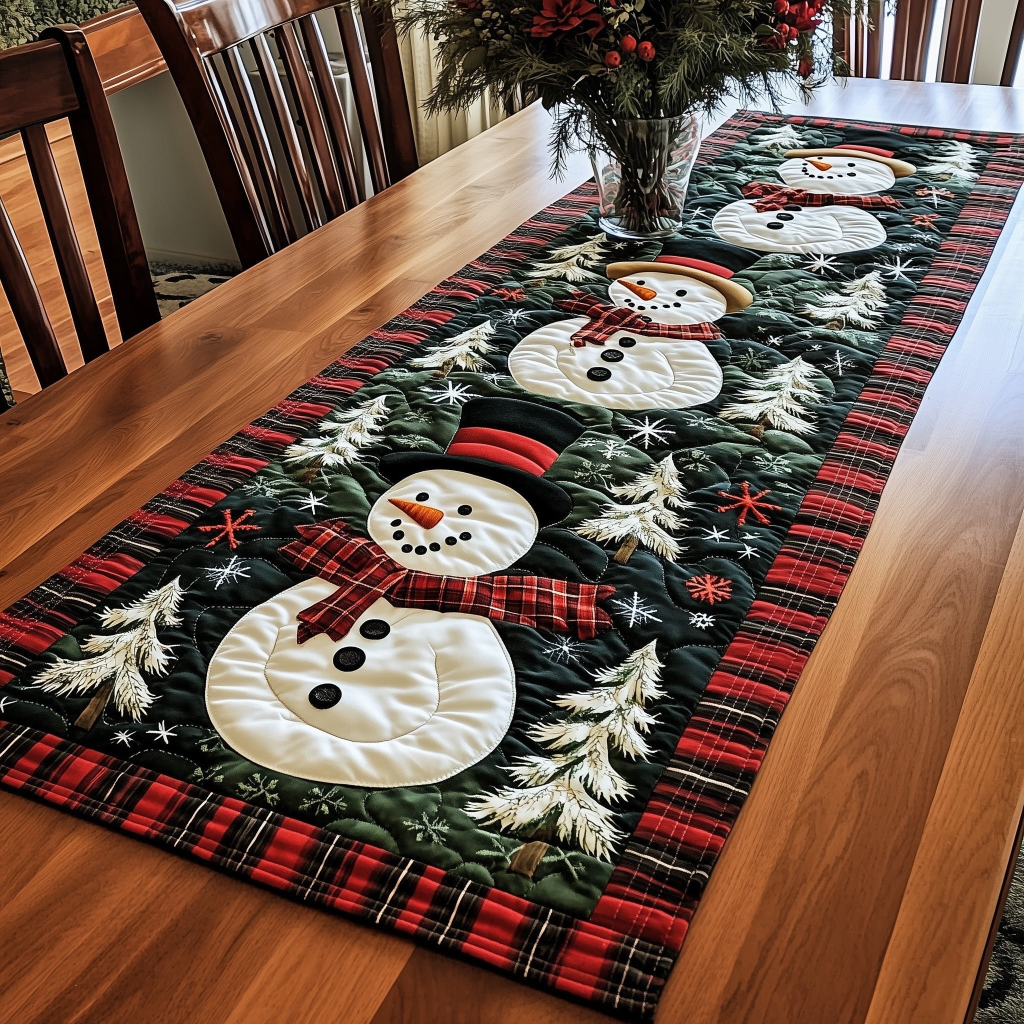 Snowman with Plaid Trim and Pines Table Runner