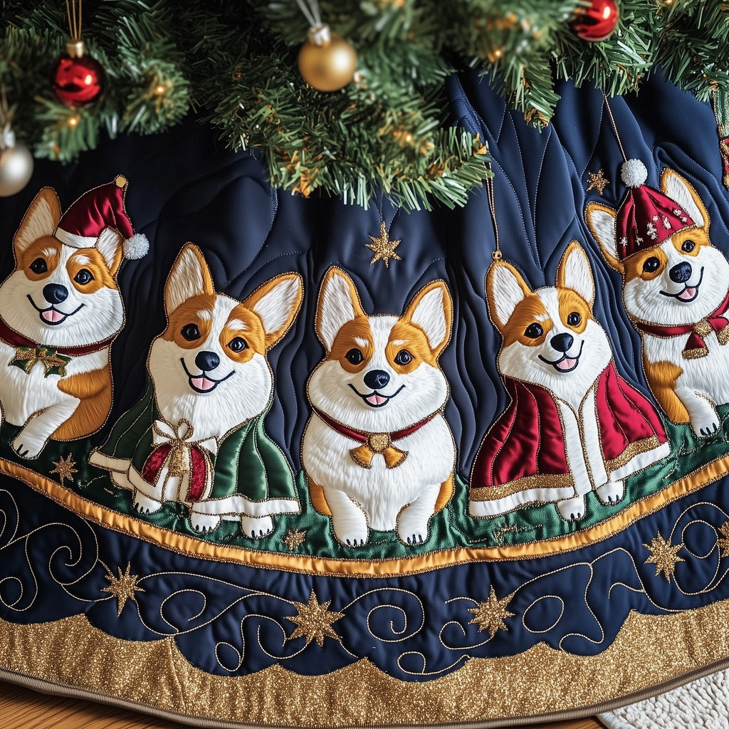 Corgis in Winter Coats on Navy Christmas Tree Skirt