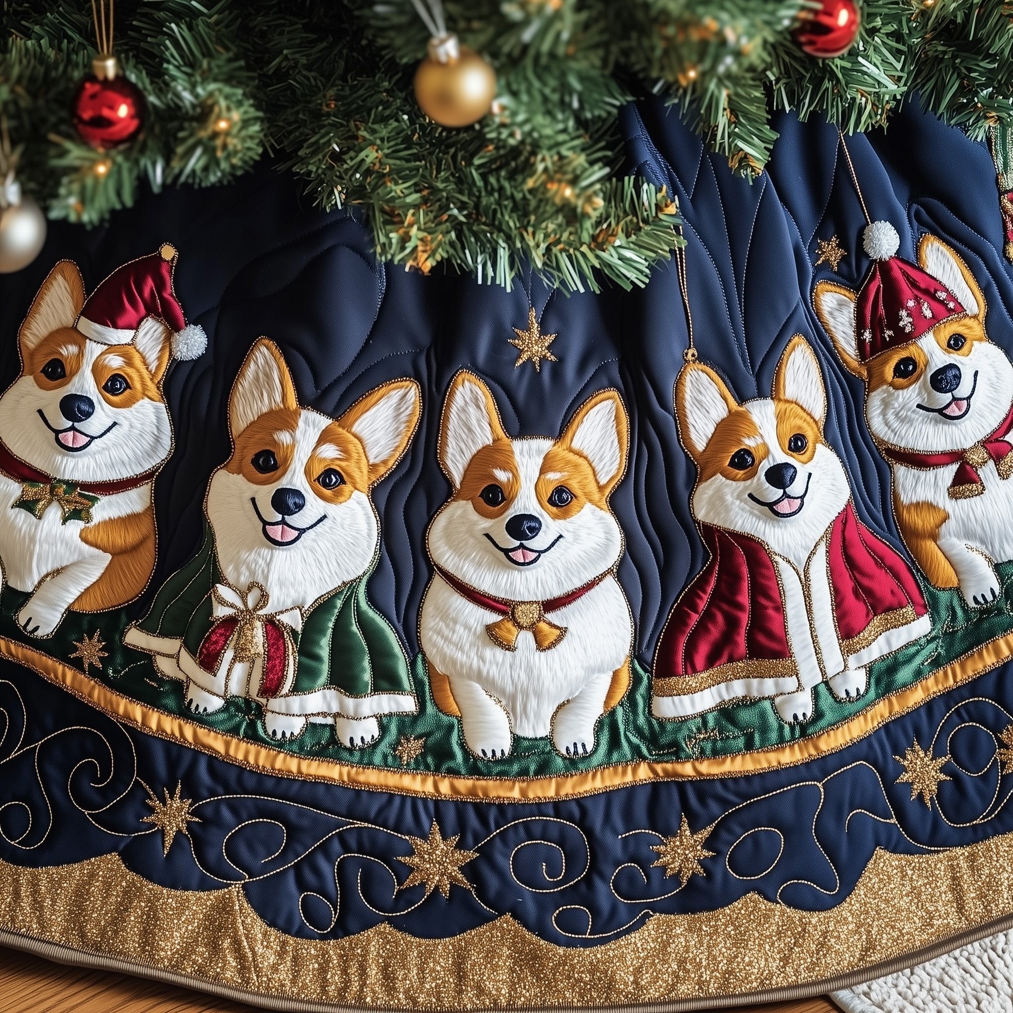Corgis in Winter Coats on Navy Christmas Tree Skirt
