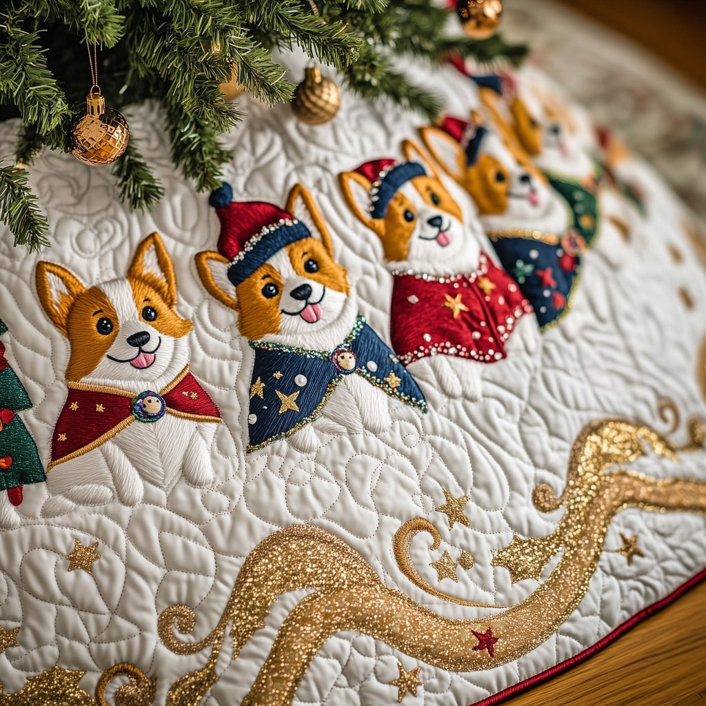 Corgis in Patterned Scarves Cream Christmas Tree Skirt