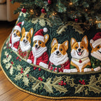 Corgis in Santa Suits with Holly Christmas Tree Skirt