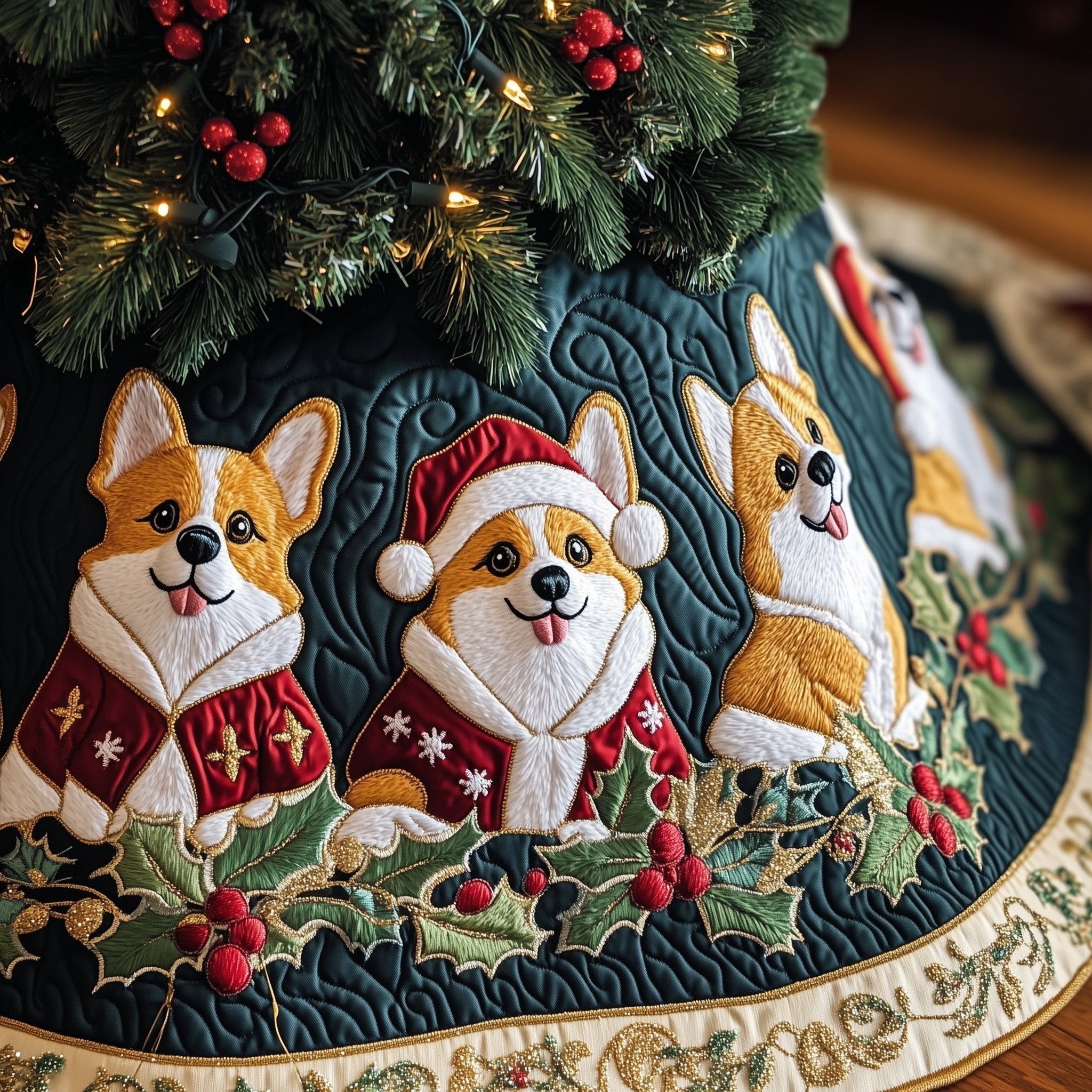 Corgis in Santa Hats on Teal Christmas Tree Skirt
