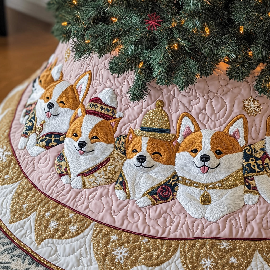 Corgis on Blush Pink Quilt Christmas Tree Skirt