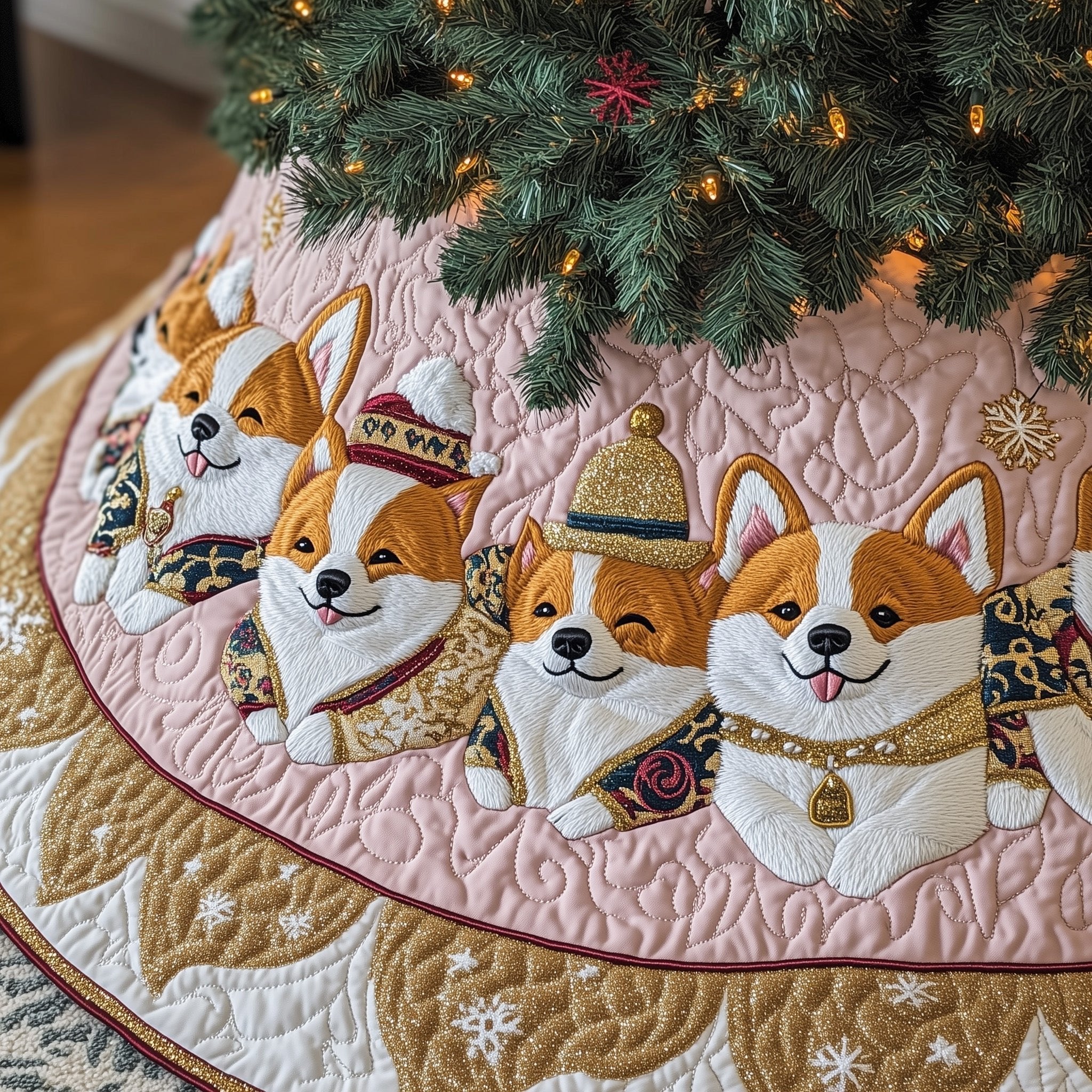 Corgis on Blush Pink Quilt Christmas Tree Skirt
