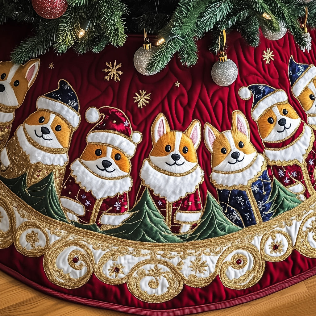 Corgis in Santa Hats Gold Band Christmas Tree Skirt
