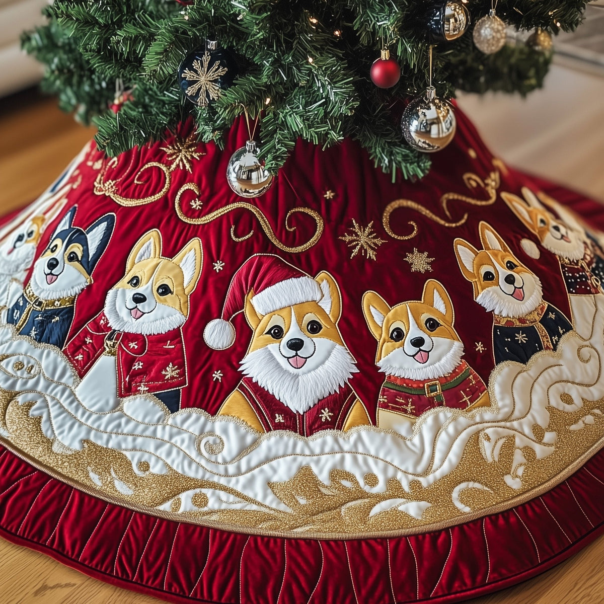 Corgis on Red with Gold Swirls Christmas Tree Skirt