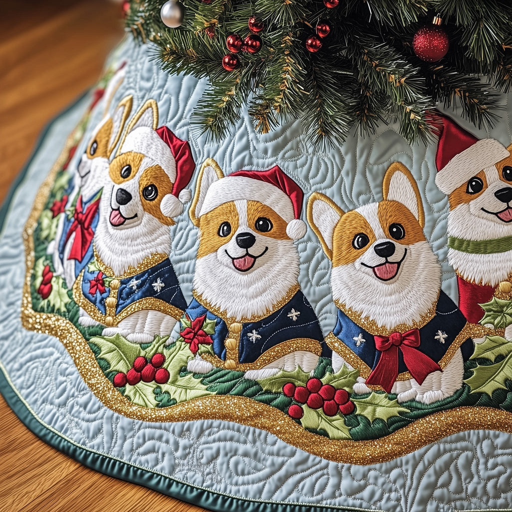 Corgis in Santa Hats Blue Holly Christmas Tree Skirt