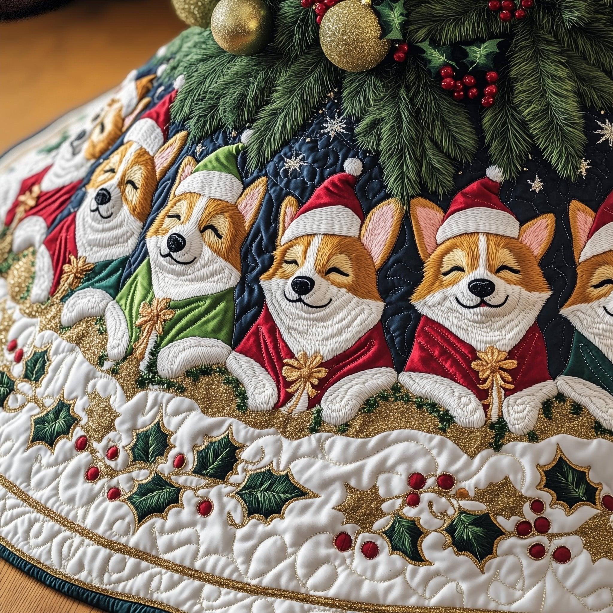 Corgis in Green and Red Capes Christmas Tree Skirt