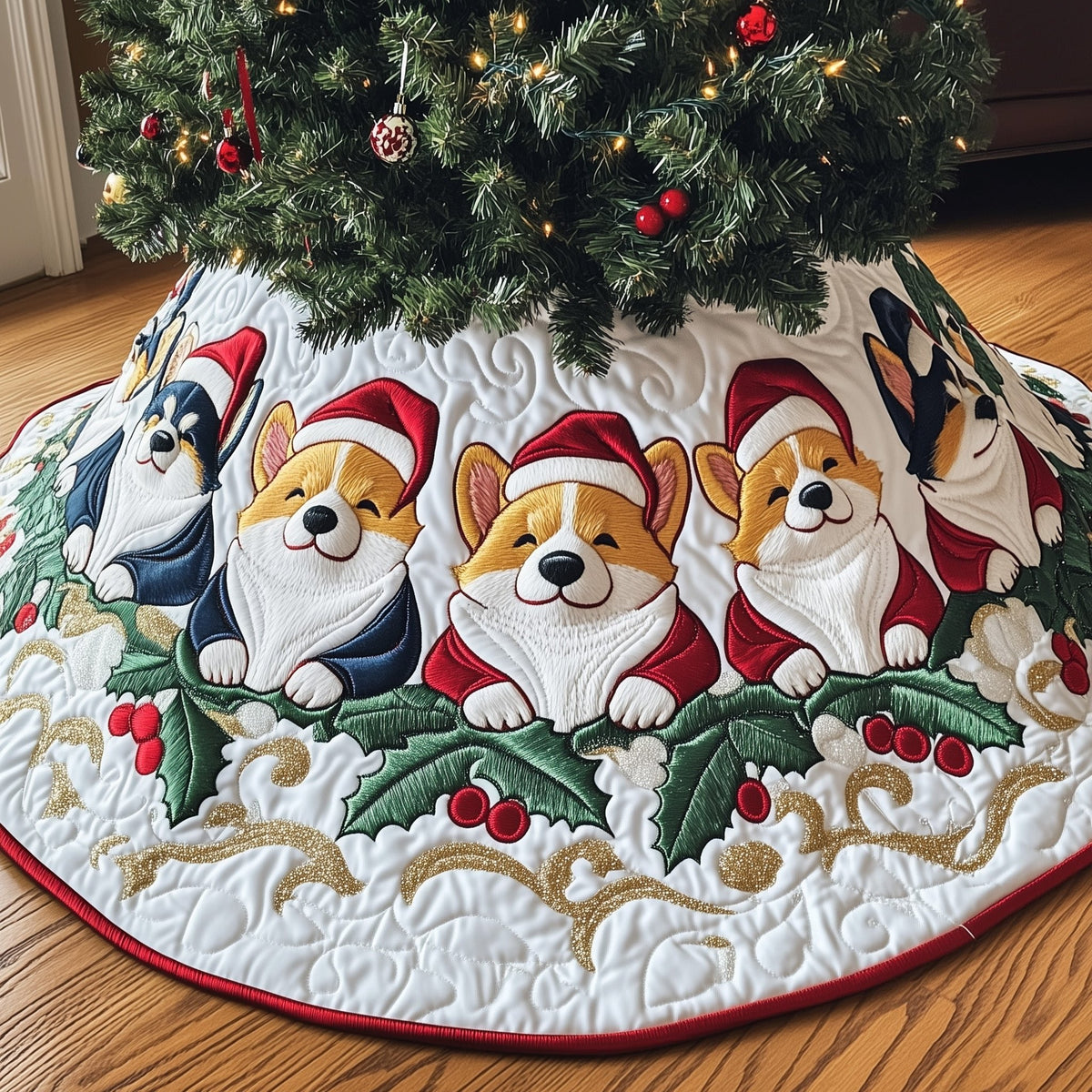 Corgis with Holly on White Christmas Tree Skirt