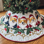 Corgis with Holly on White Christmas Tree Skirt