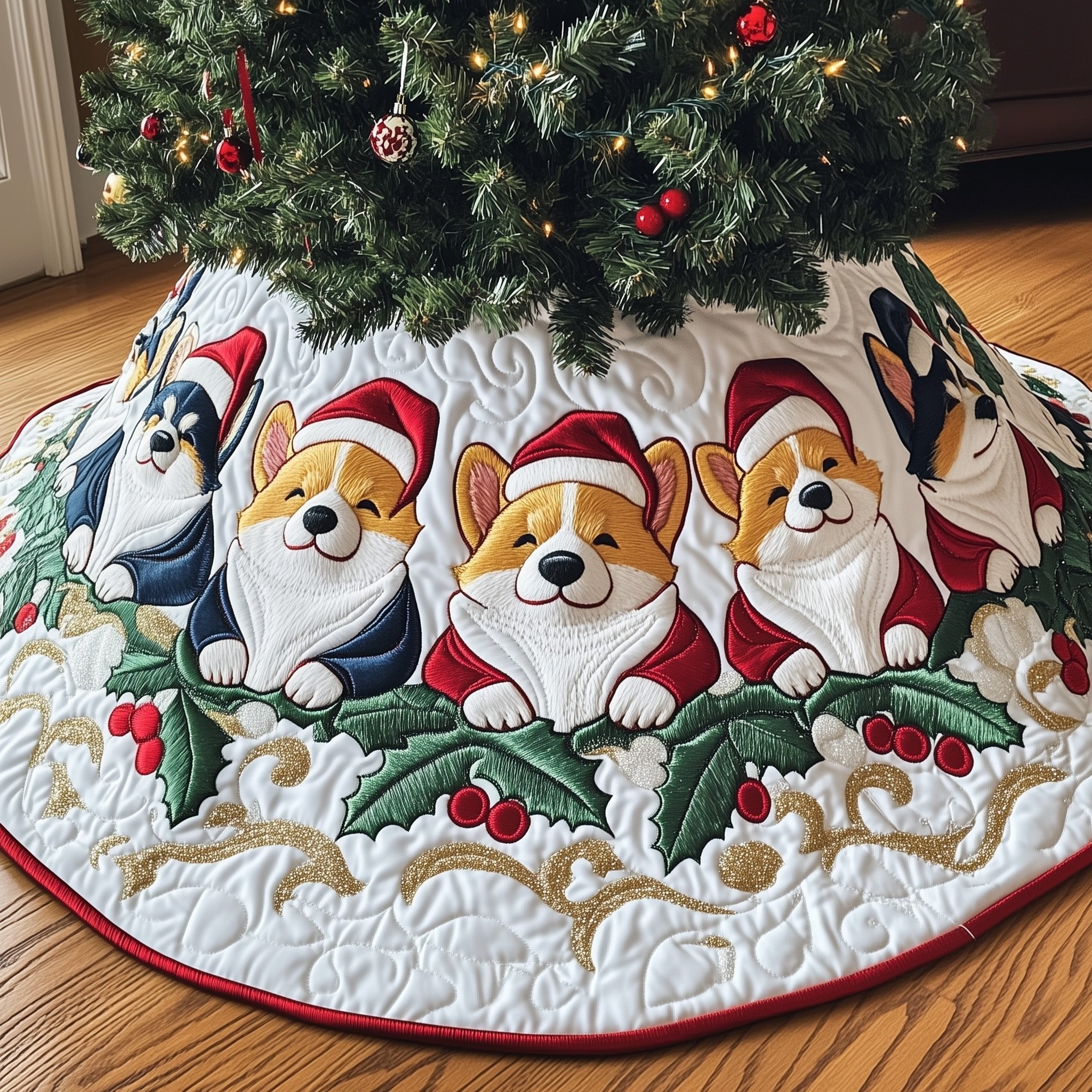 Corgis with Holly on White Christmas Tree Skirt