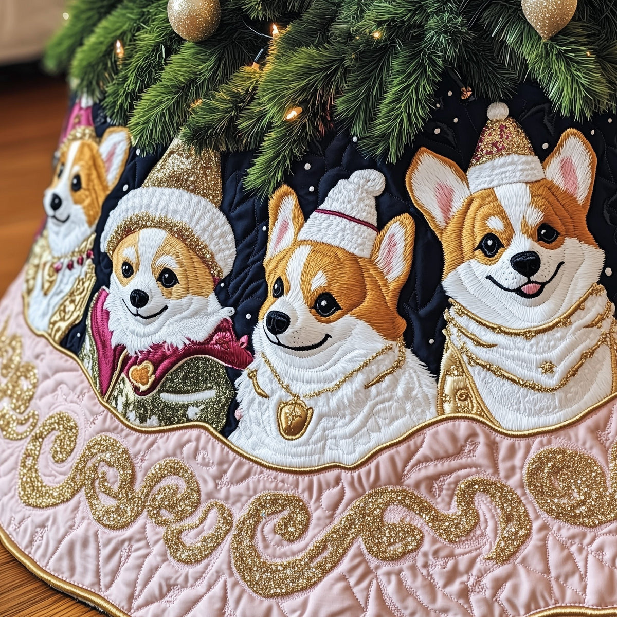 Corgis on Navy and Pink Gold Trim Christmas Tree Skirt