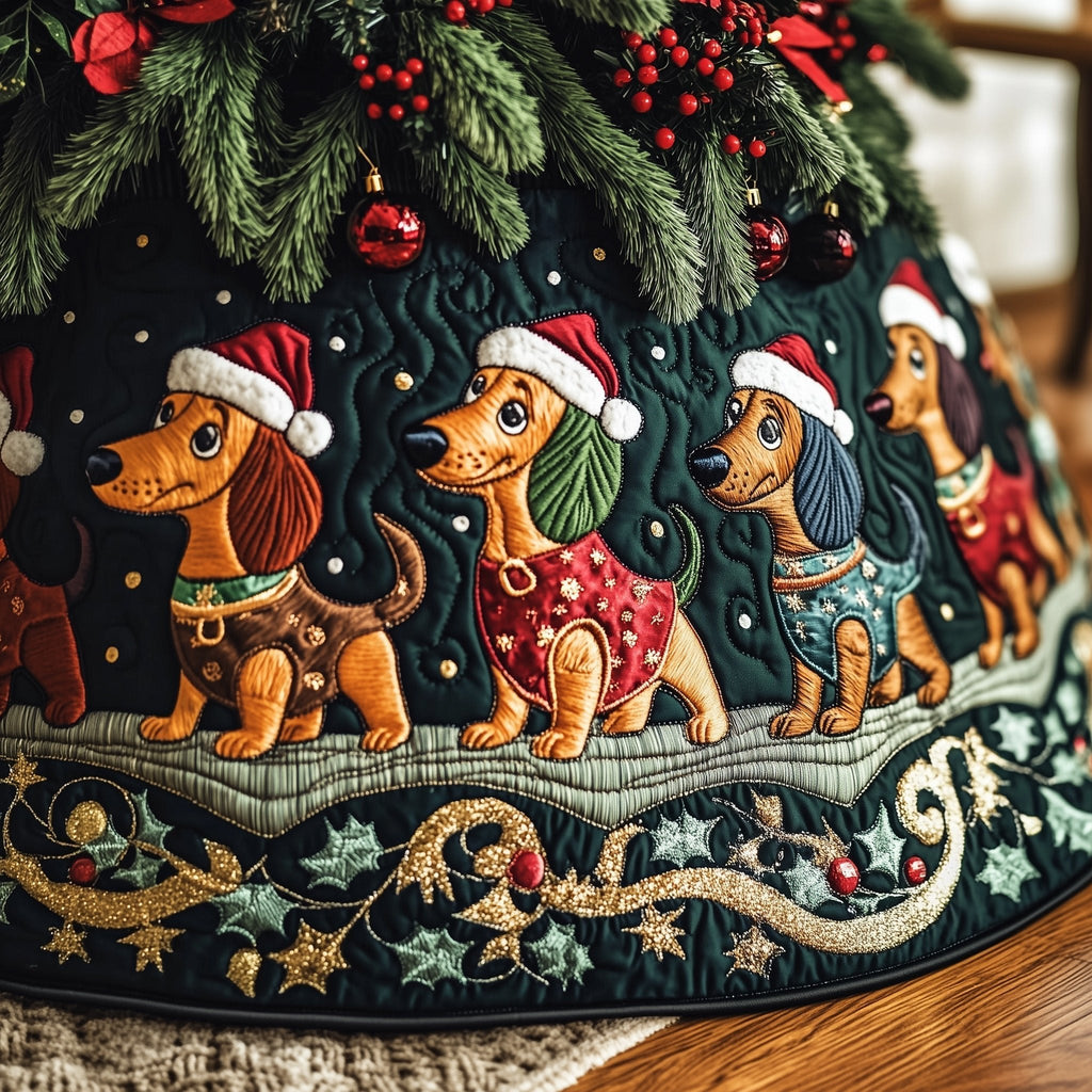 Dachshunds in Santa Hats Dark Green Christmas Tree Skirt
