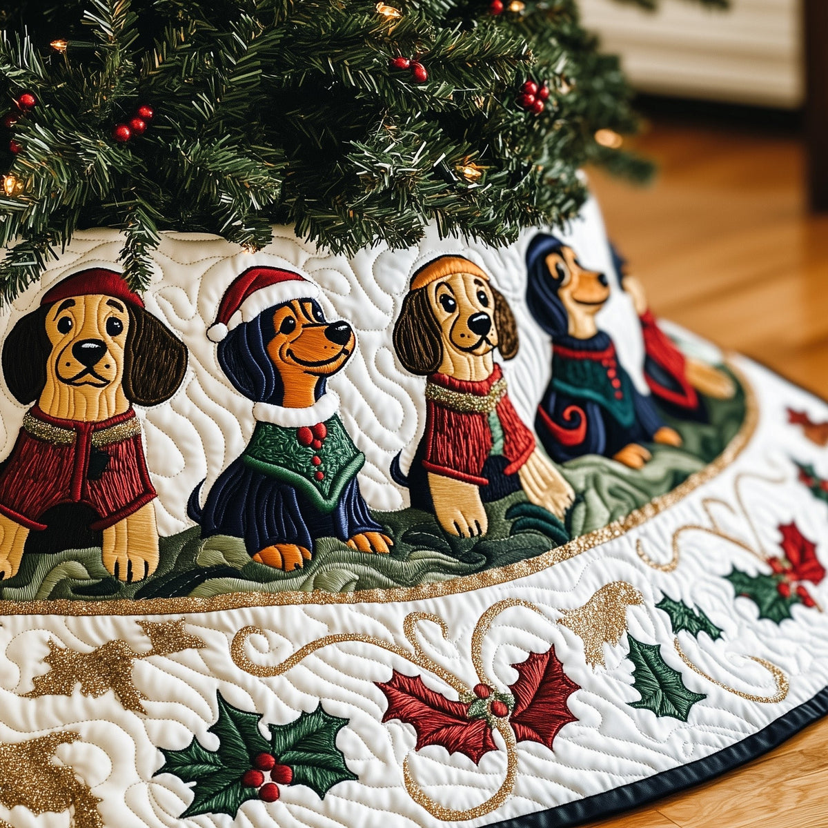 Dachshunds in Santa Hats with Holly Christmas Tree Skirt