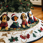 Dachshunds in Santa Hats with Holly Christmas Tree Skirt