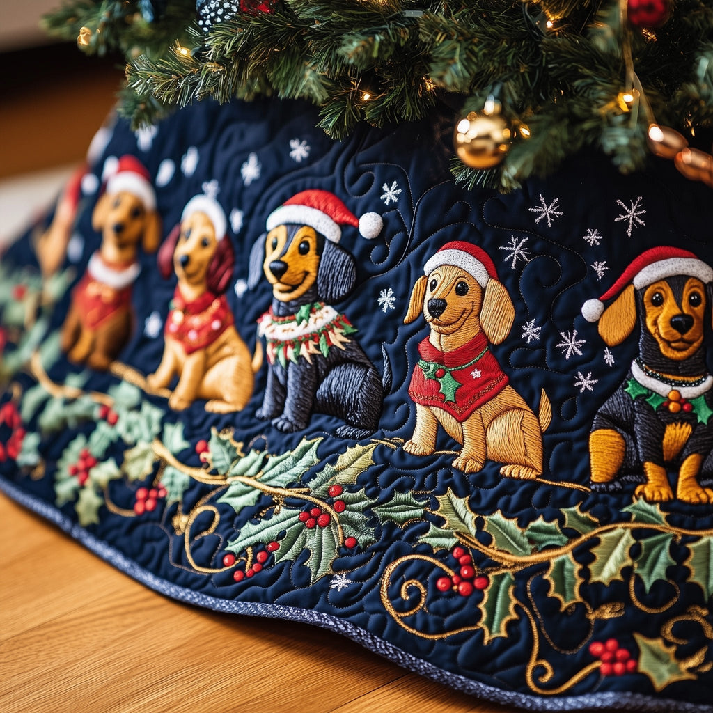 Dachshunds in Santa Hats Navy Snow Christmas Tree Skirt
