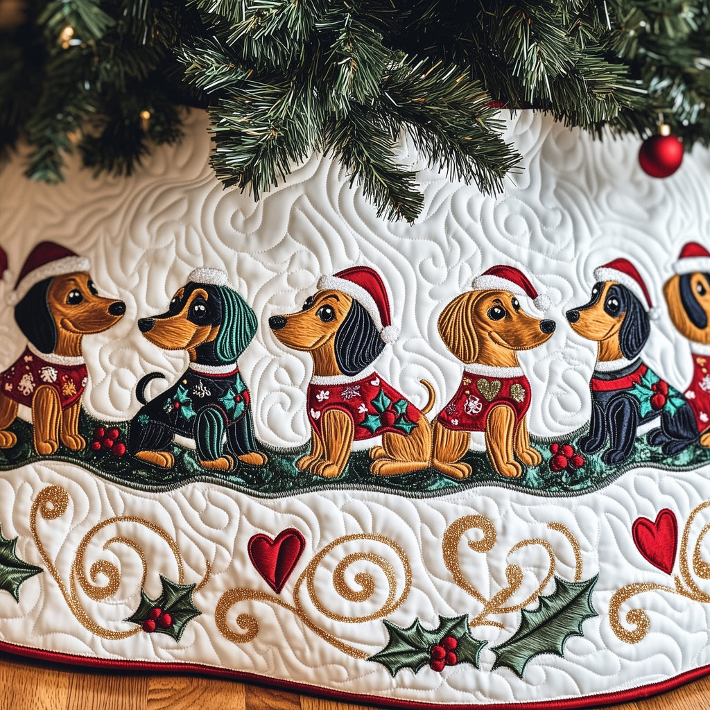 Dachshunds in Sweaters White Swirls Christmas Tree Skirt