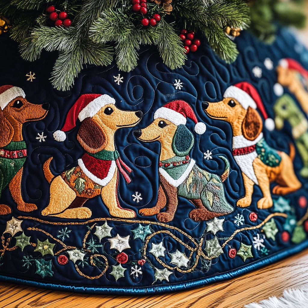 Dachshunds in Santa Hats Starry Navy Christmas Tree Skirt
