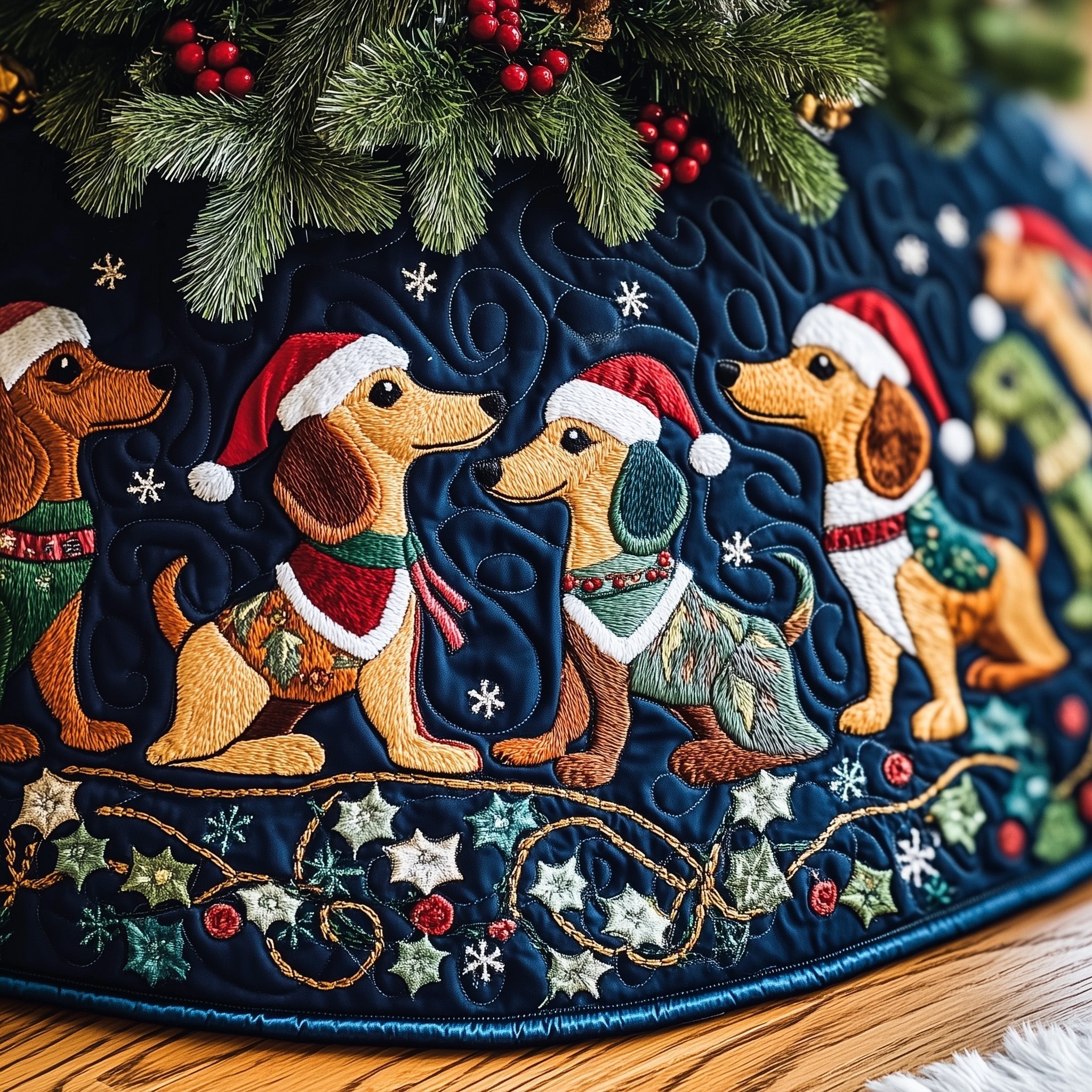 Dachshunds in Santa Hats Starry Navy Christmas Tree Skirt