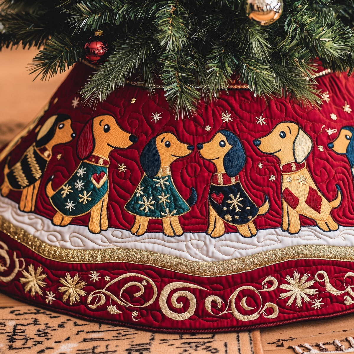Dachshunds in Green Sweaters on Red Christmas Tree Skirt