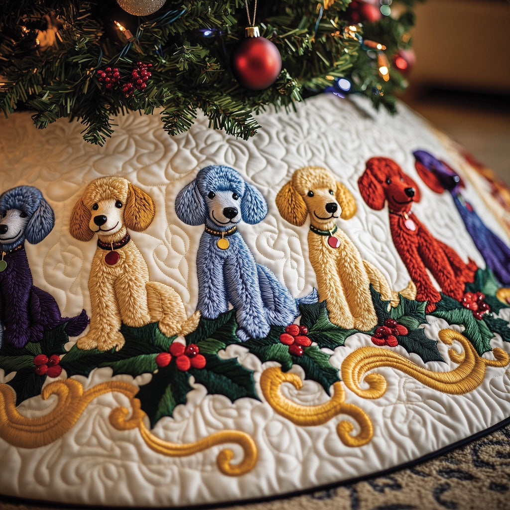 Cream and Blue Poodles with Gold Swirls Christmas Tree Skirt