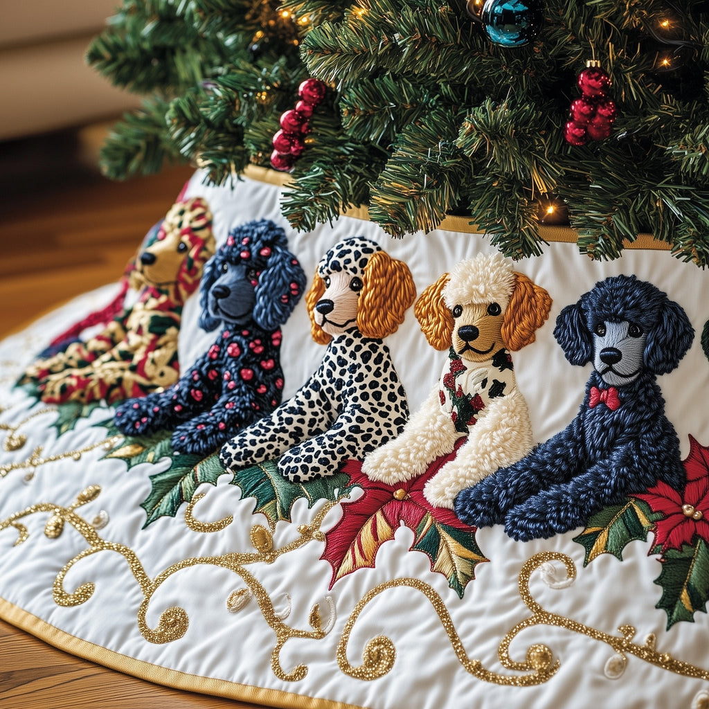 Poodles in Patterned Coats on White Christmas Tree Skirt