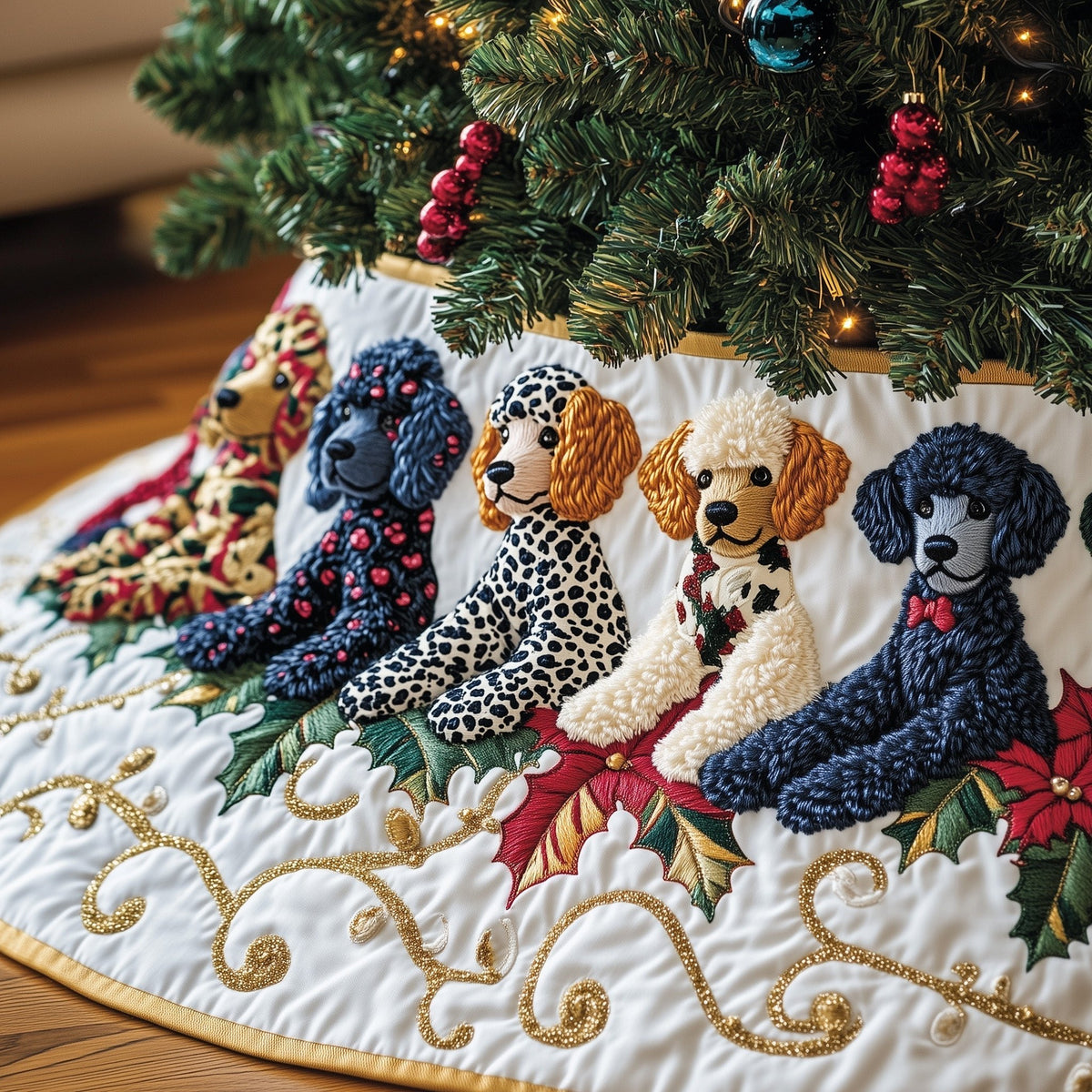 Poodles in Patterned Coats on White Christmas Tree Skirt