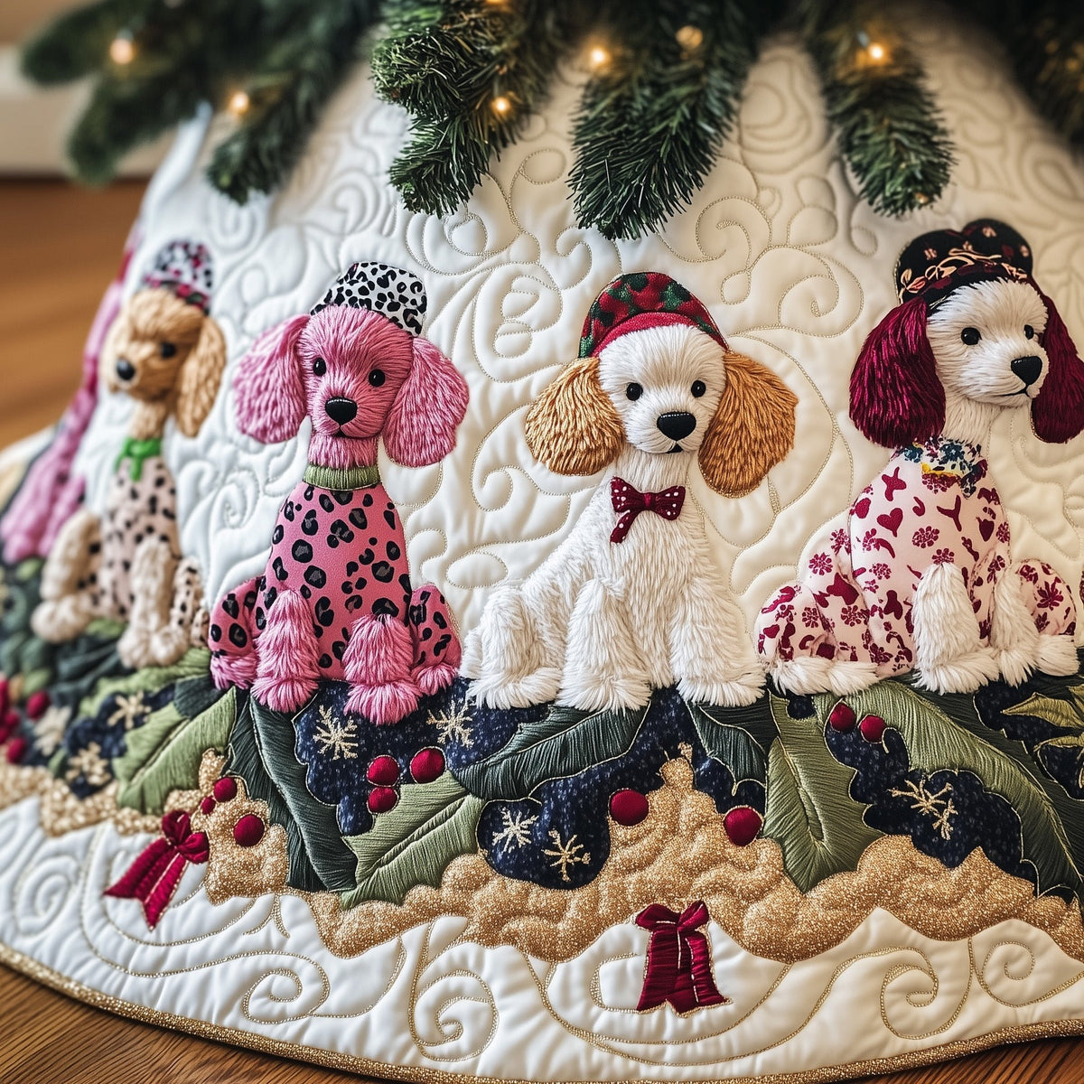 Pink Poodles with Holly Sprigs Christmas Tree Skirt