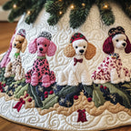 Pink Poodles with Holly Sprigs Christmas Tree Skirt