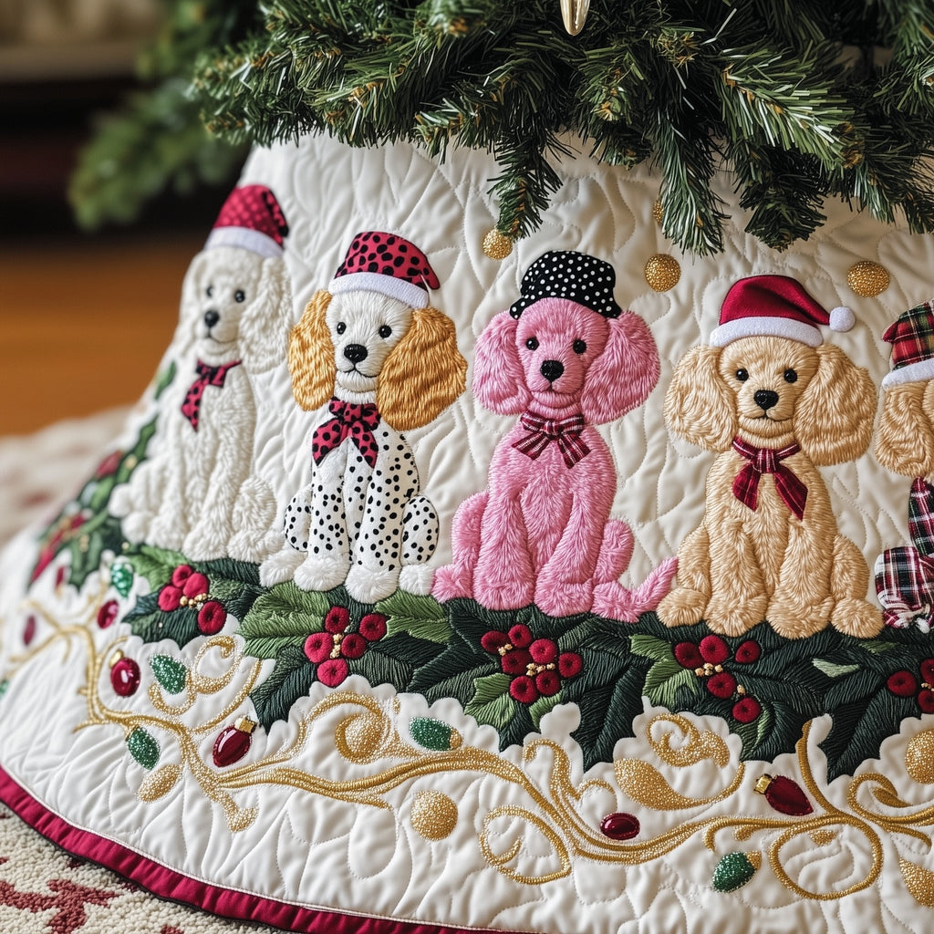 Poodles in Pink and Red Hats Christmas Tree Skirt
