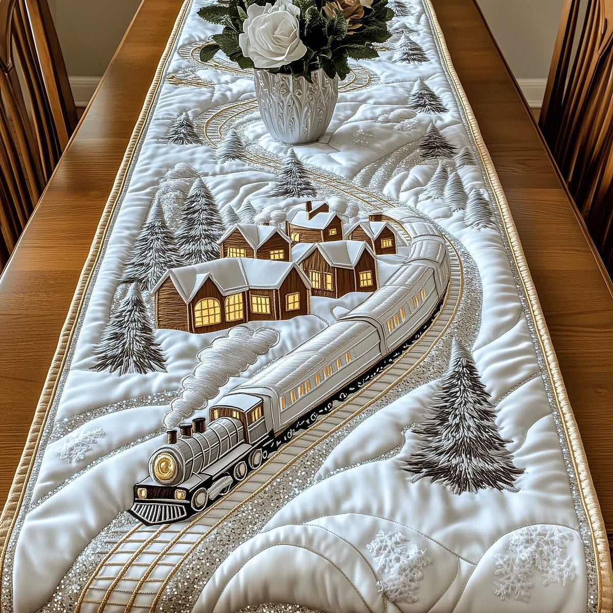 Steam Train Through a Snowy Village Table Runner