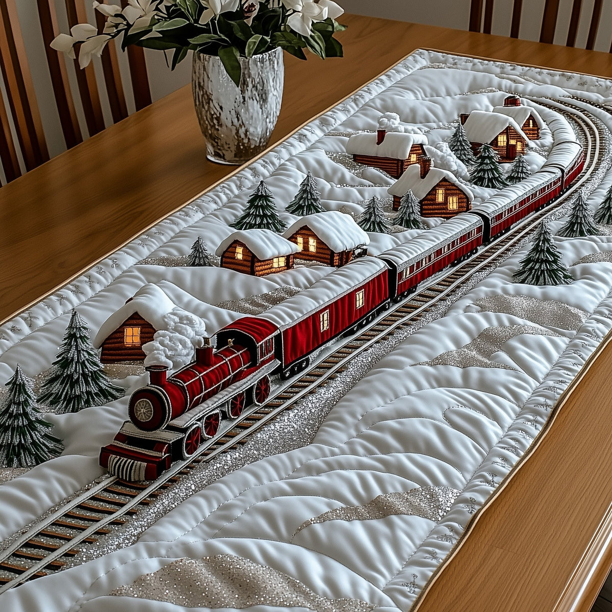Red Train Passing Snowy Cottages Table Runner