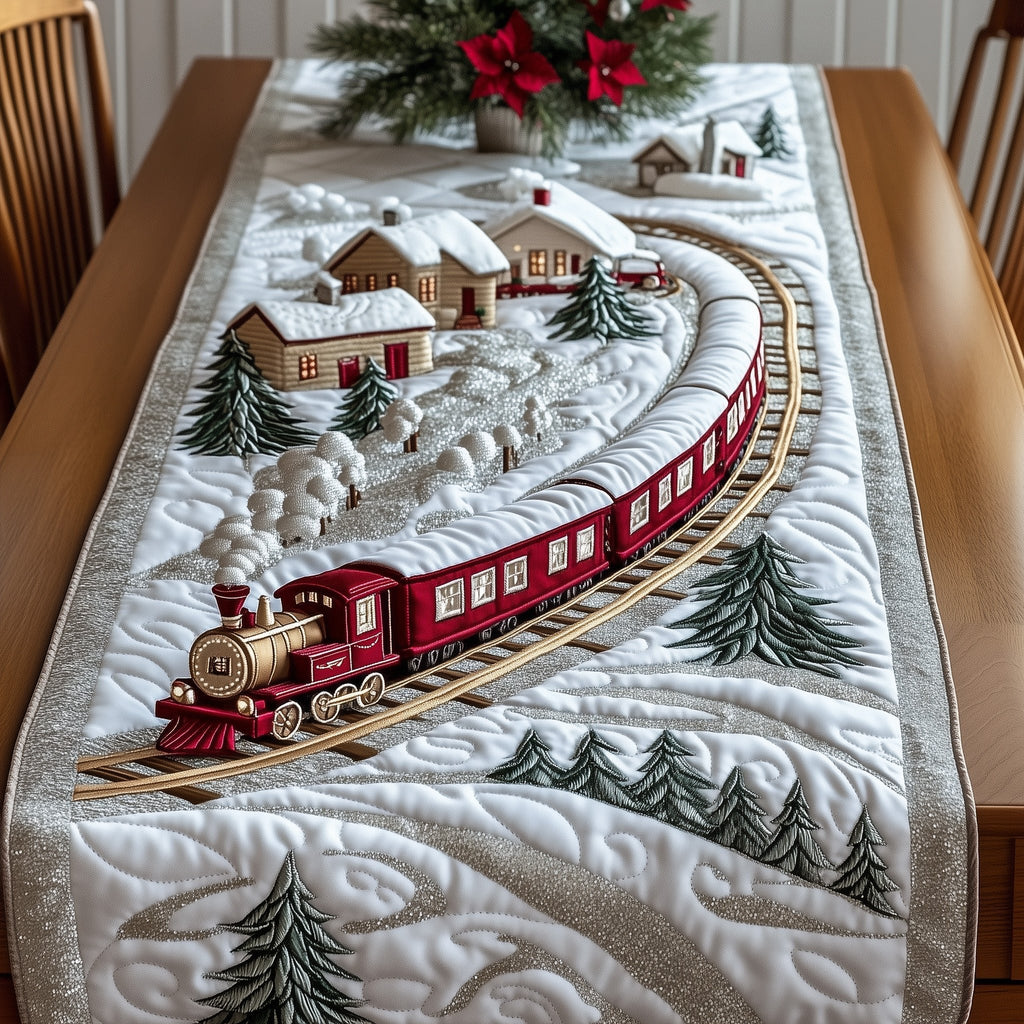 Red Train on a Winding Snow Track Table Runner