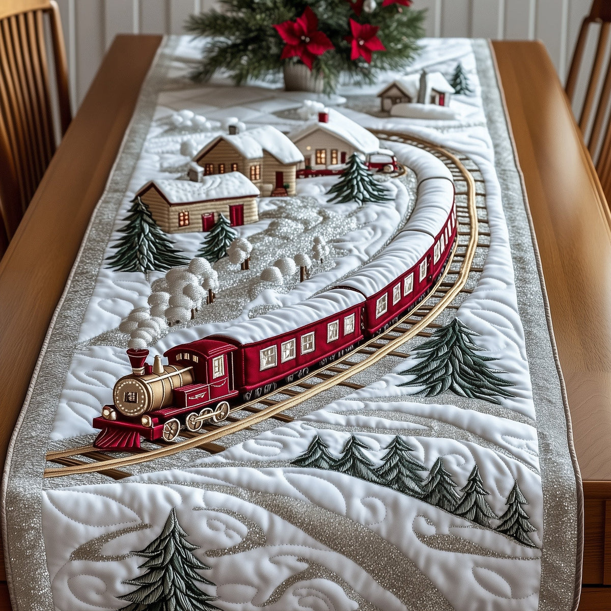 Red Train on a Winding Snow Track Table Runner