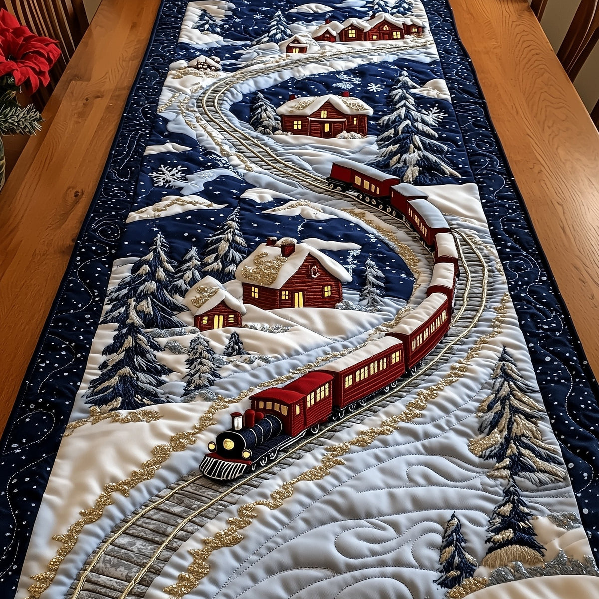 Train Curving Past Snowy Cabins Table Runner
