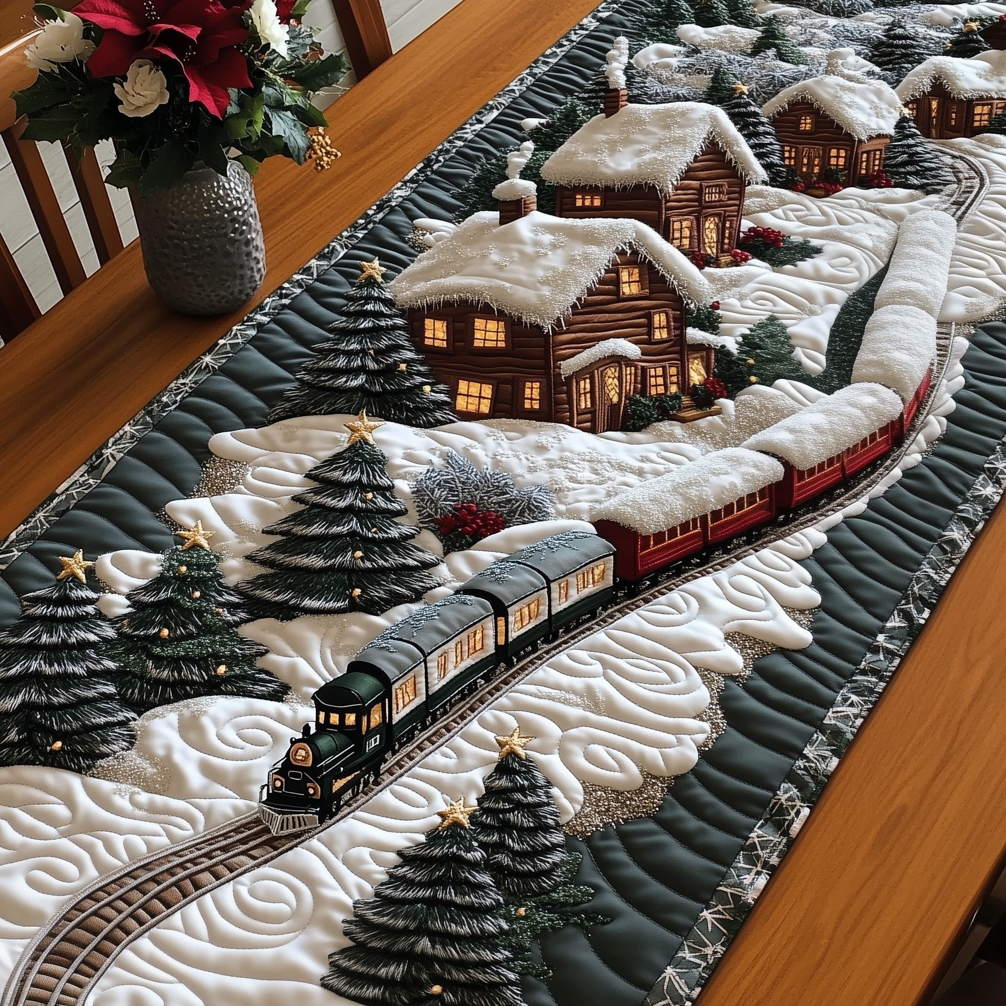 Black Train Past the Mountain Chalet Table Runner