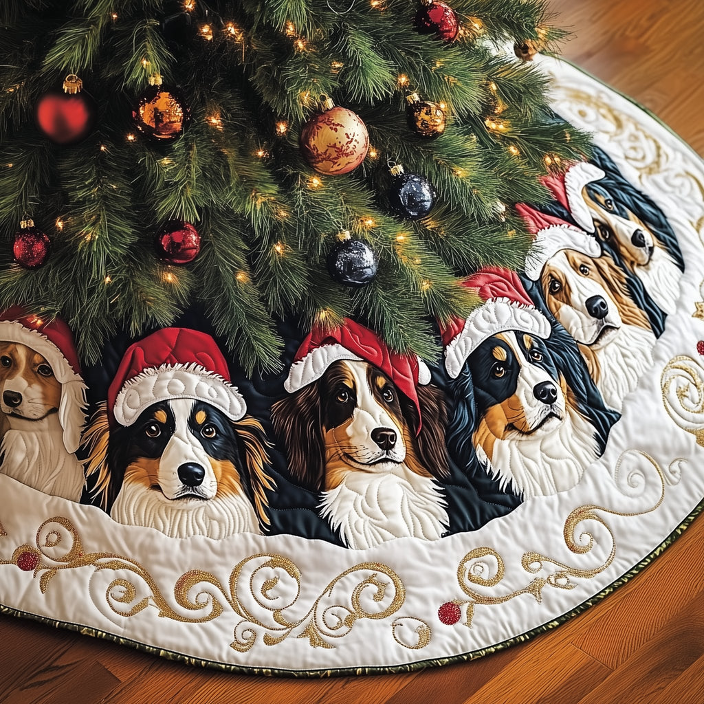 Aussie Shepherds in Santa Hats Christmas Tree Skirt
