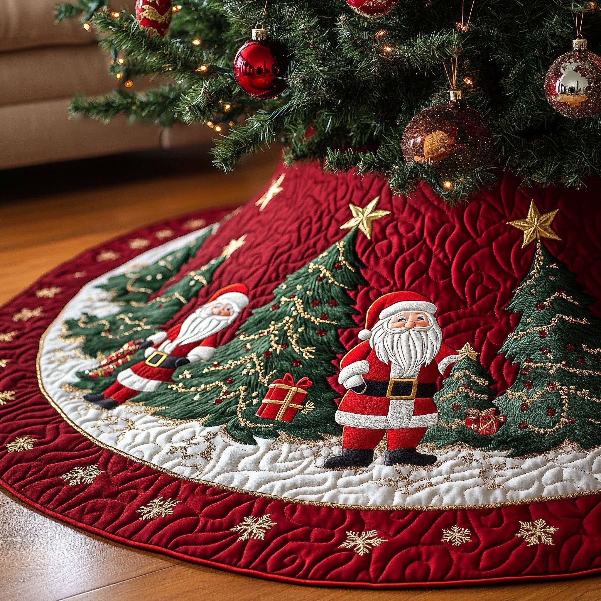 Santa with a Tree on Red Christmas Tree Skirt