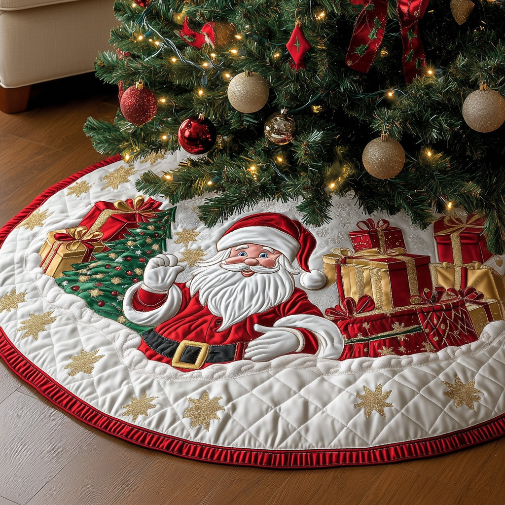 Santa with Gifts on Cream Christmas Tree Skirt