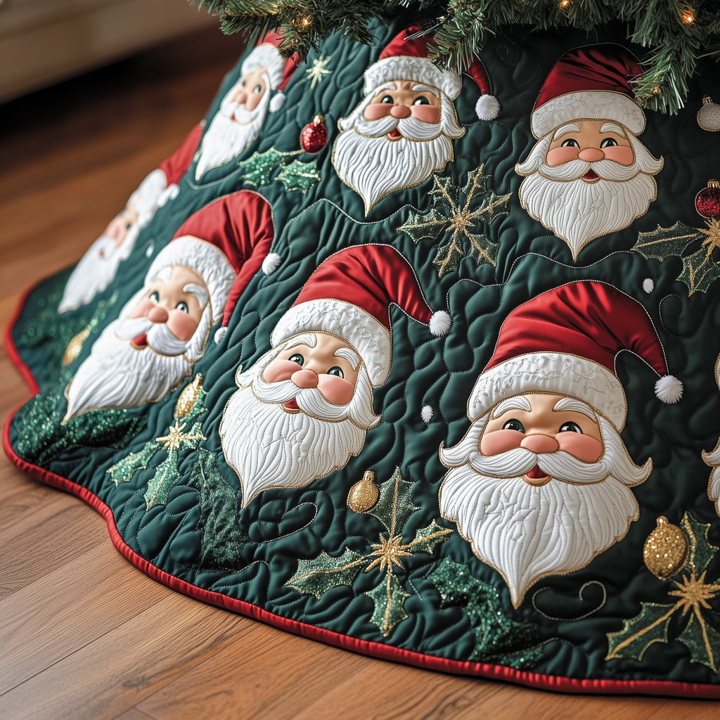 Santa Faces on Green Quilt Christmas Tree Skirt