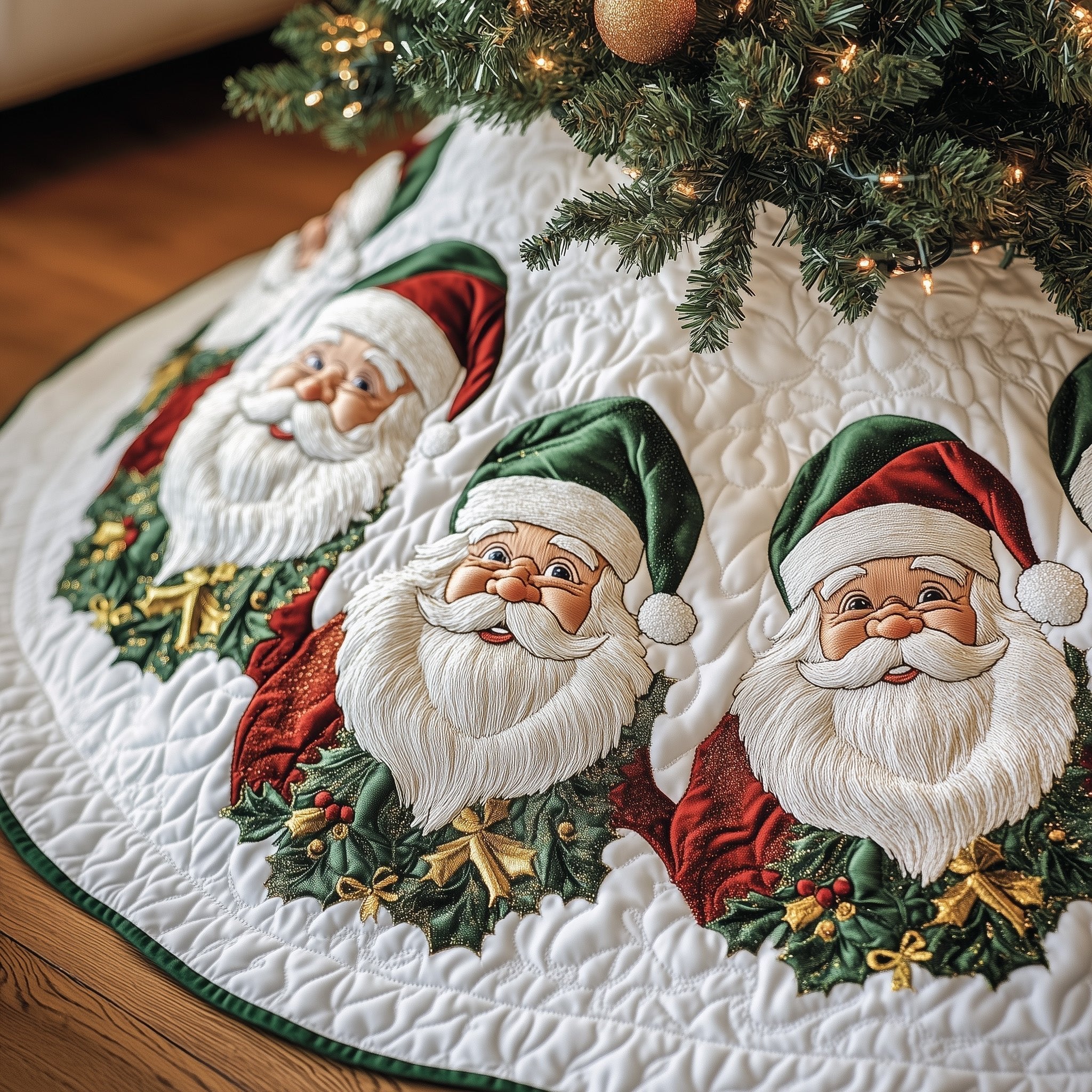 Santa Faces on Cream and Red Christmas Tree Skirt