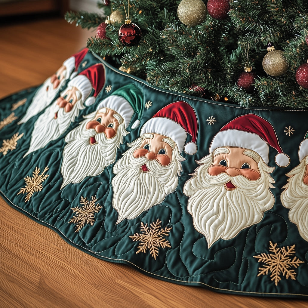 Santa Faces with Gold Snowflakes Christmas Tree Skirt