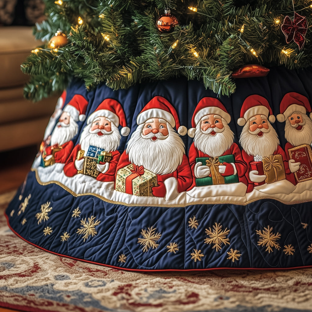 Santas with Gifts on Navy Stars Christmas Tree Skirt