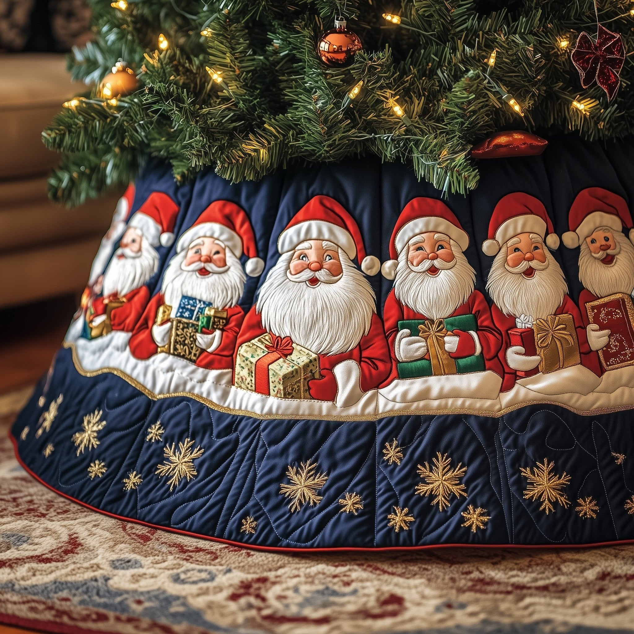 Santas with Gifts on Navy Stars Christmas Tree Skirt