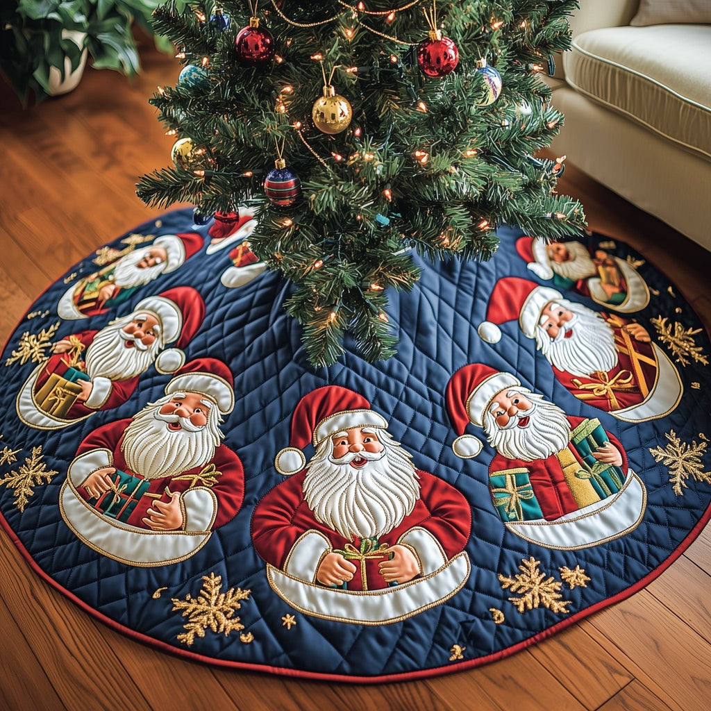 Santas on Blue with Snowflakes Christmas Tree Skirt