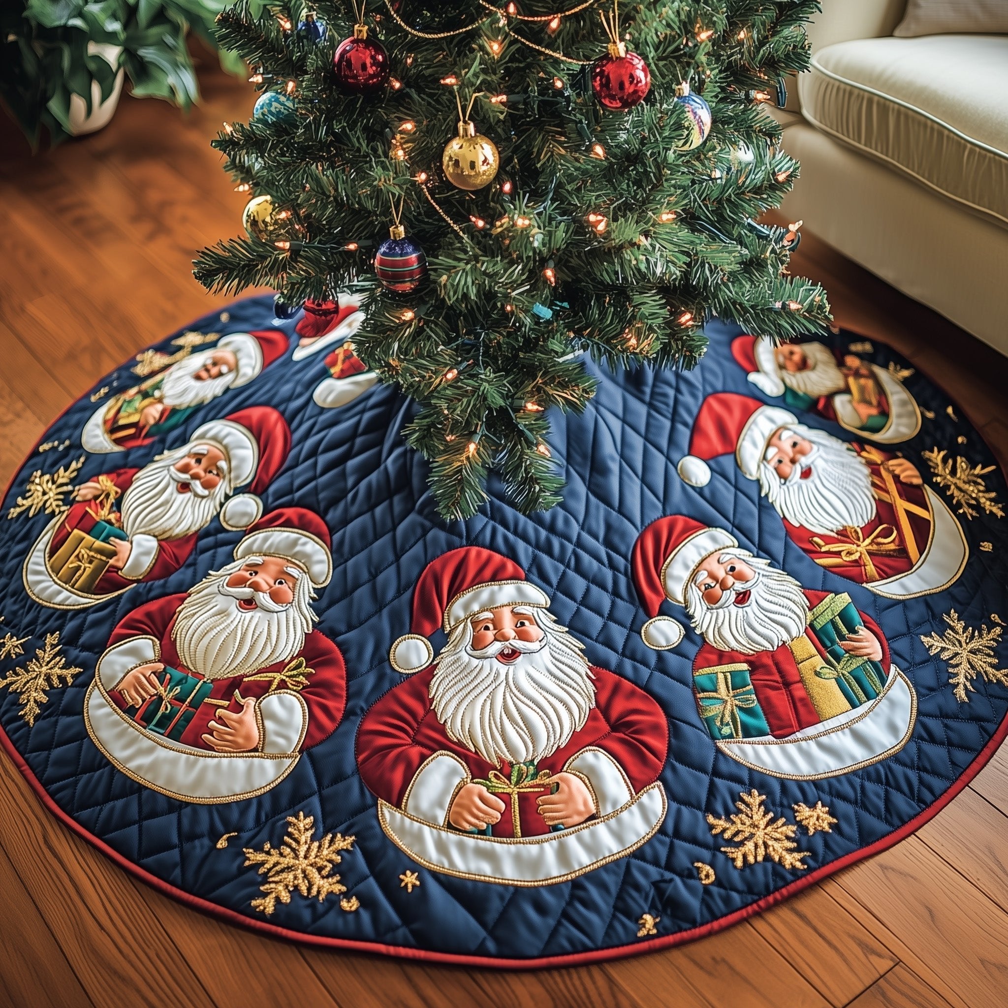 Santas on Blue with Snowflakes Christmas Tree Skirt