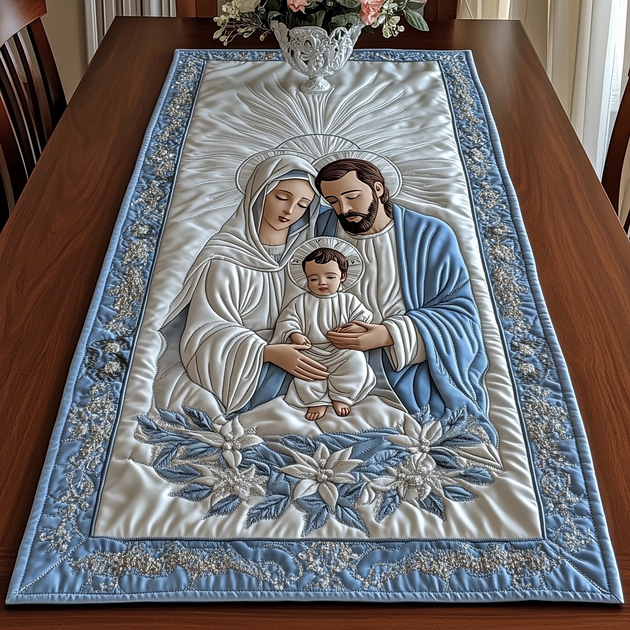 Holy Family on Pale Blue Table Runner
