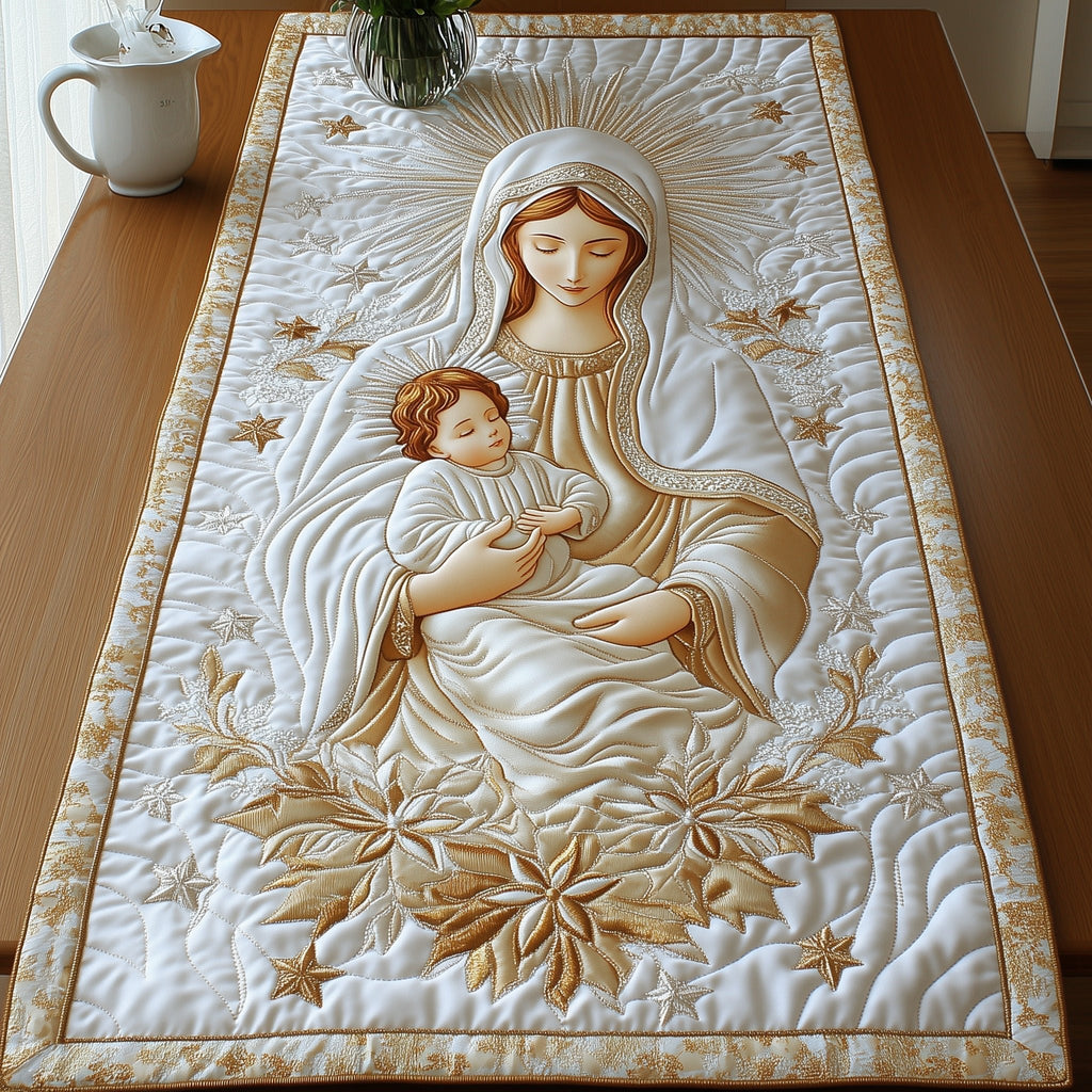 Madonna and Child in Ivory and Gold Table Runner